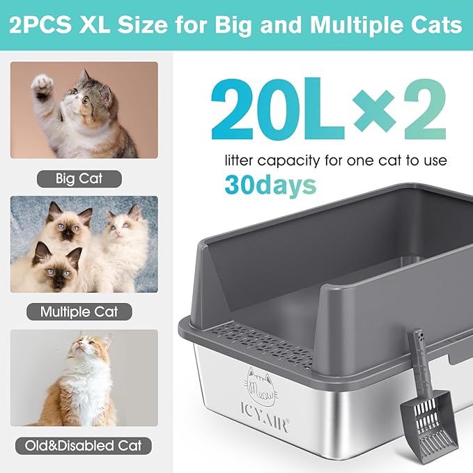 2PACK Stainless Steel Cat Litter Box with High Sides Lid, Extra Large XL Litter Box for Big Cats, Metal Kitty Litter Boxes with Anti-Leakage Enclosure,Non-Stick,Odorless,Scoop Included-PurrikoPets