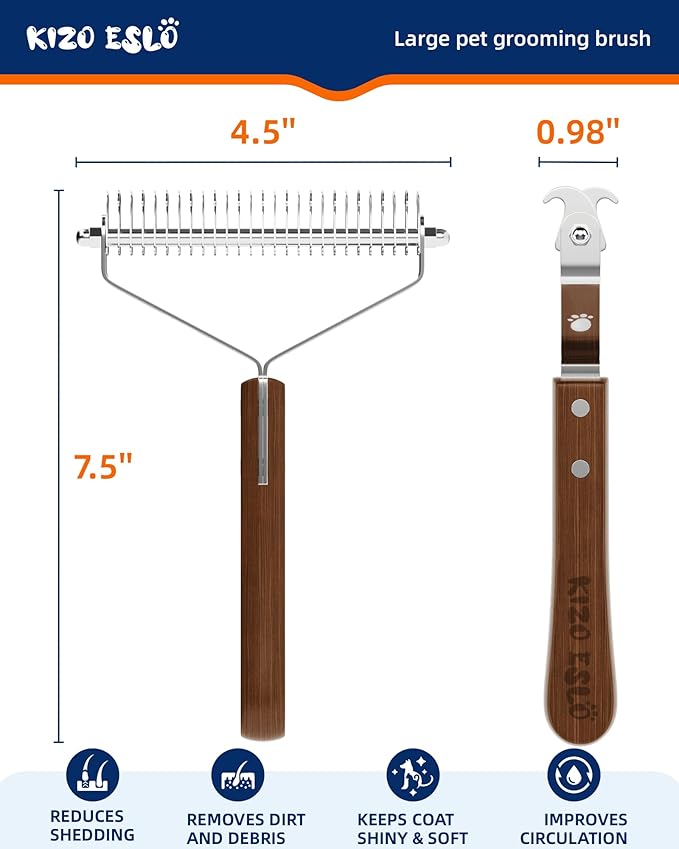 Extra Large 2-Sided Undercoat Rake for Dogs & Cats, Dog Brush for Shedding Remove Mats, Dematting Comb, Safe & Gentle Grooming Brush for German Shepherds Medium to Long-Haired Pets (Walnut Handle)-PurrikoPets