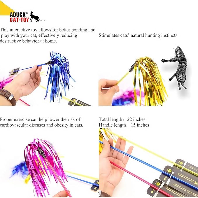 ADUCK Interactive Cat Teaser Wand Toy with Tassels - Durable Cat Chaser for Indoor Kitten Exercise, Boredom Relief & Training Play - Assorted Color, 1 Pack-PurrikoPets