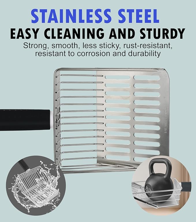 2PCS Cat Litter Scoop, Solid and Durable Kitty Metal Scooper, Stainless Steel Sifter, Heavy Duty, for Litter Box, Black Rubber Handle, Included Stainless Steel Hook-PurrikoPets