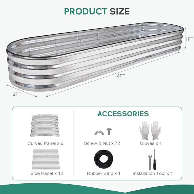 Galvanized Raised Garden Bed - 8×2×1ft Planter Raised Beds for Gardening | Oval Metal Garden Planter Box with Safety Edging and Bracing Rods for Vegetables Fruits and Flowers - Silver-PurrikoPets