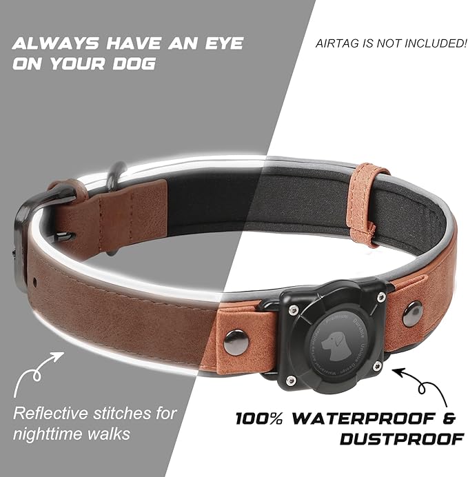 AirTag Dog Collar - Leather Dog Collar with Air Tag Holder | IPX8 Waterproof, Reflective, High - End, Adjustable Soft Padded | Dog GPS Tracker Collars Fit for Medium Large Dogs (Mahogany Brown, XL)-PurrikoPets