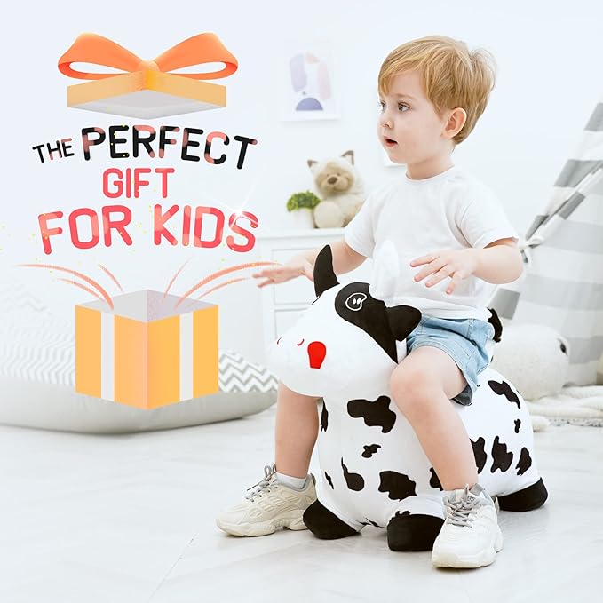 EVERICH TOY Bouncy Horse Cow Toys, Inflatable Bouncing Animal Hopping Toys, Outdoor Indoor Ride on Bouncer, Boys Girls Birthday Gift for 18 Month 2 3 4 5 6 Year Old Kid- Plush Cow Toy-PurrikoPets