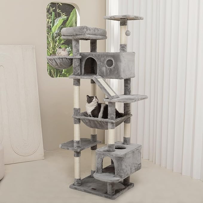 73 inches Large Cat Tree for Indoor Cats, Tall Cat Tower with Sisal Scratching Posts and Pads, Padded Plush Perch, Cozy Basket, Plush Condo for Large Cats (Grey)-PurrikoPets