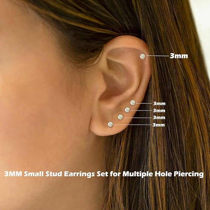 14K Gold Filled Polished Small CZ Pearl Ball Stud Earrings Set for Women Men 20G Surgical Steel Hypoallergenic Piercing Studs for Sensitive Ear, Pack of 6 Pairs