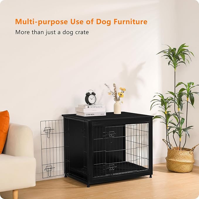 DWANTON Dog Crate Furniture with Cushion, Wooden Kennel Table with Double Doors, Indoor Dog House, Medium Size, 32.5" L, Black-PurrikoPets