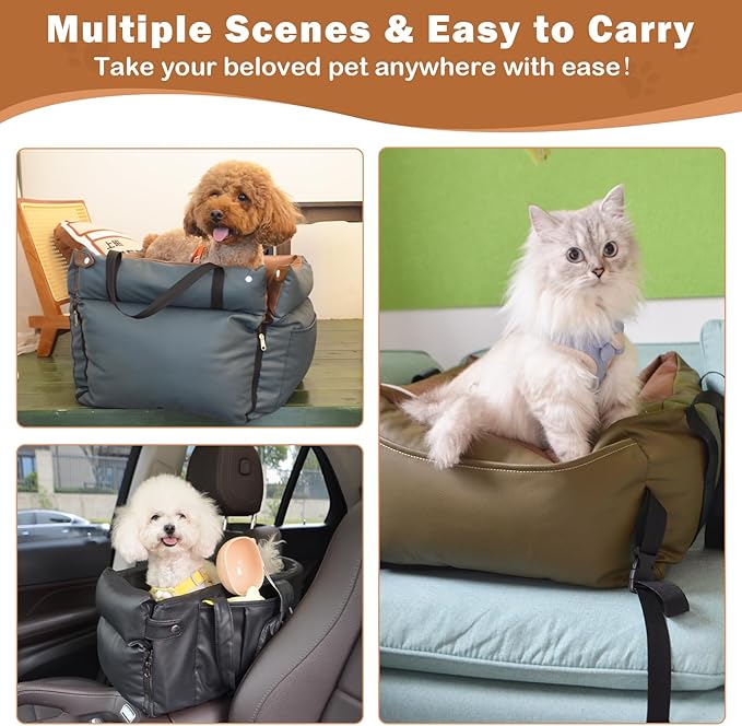 2 and 1 Center Console Dog Car Seat & Carrier for Small Dogs, Large Leather Dog Car Bed with Storage Pocket, Waterproof PVC Leather Seat Travel Bed for Front & Back Seat, Clip-On Safety Leash-PurrikoPets