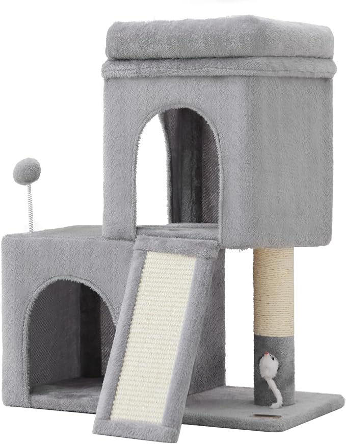 24inch Tall cat Tree with 2 cat condo and Mouse Toy Cozy Small cat Tower with Scratching Post and Board for Kitties and Small Cats.（Light Grey）-PurrikoPets
