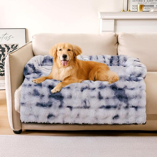 FUNNY FUZZY Pet Fluffy Fuzzy Calming Dog Couch Bed Sofa Protector Washable Pets Mat for Large Medium Small Dogs and Cats (Tie-dye Blue,37.4 × 33.46 × 6.3 in)-PurrikoPets