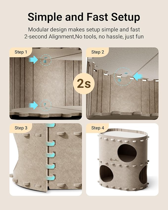 DownyPaws Cat House for Indoor Cats, 2-Storey Foldable Cat Bed Cave, Felt Cats Tunnel Bed Condo, Castle Kitten Cube Hideaway for Multicats, Scratch Resistant, Cream-PurrikoPets