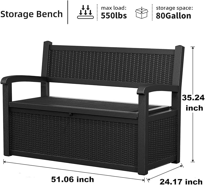 80 Gallon Storage Bench Waterproof and Lockable,Deck Box Outdoor Storage Furniture for Patio,Garden,and Porch – Perfect for Storing Garden Tools and Cushions(Black)-PurrikoPets