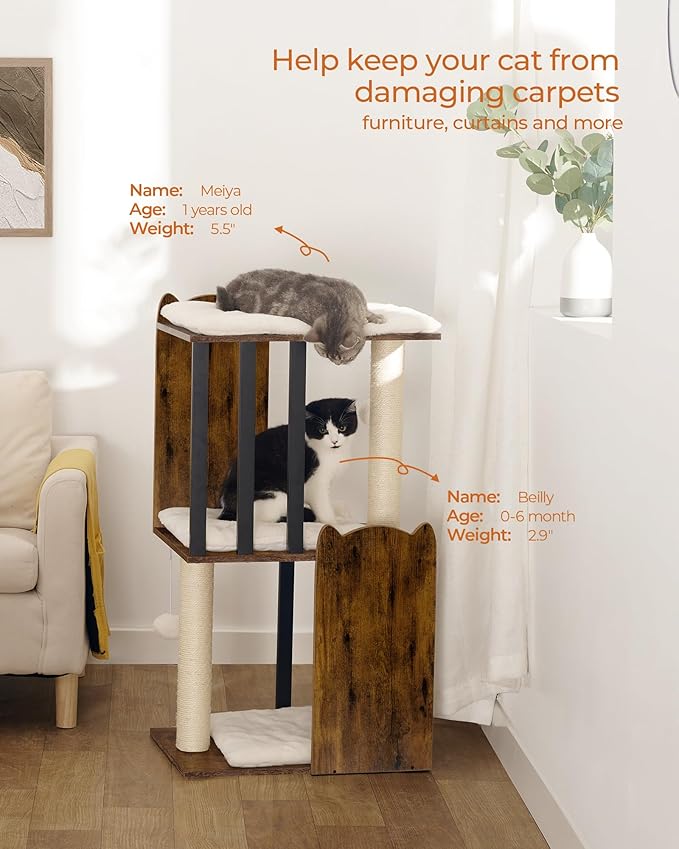 FourFurPets 35.4in 3-Tier Modern Cat Tree Tower Condo, Cat Scratch Posts for Indoor Cats, Big Plate, Two Full Sisal Scratching Posts, Rustic Brown-PurrikoPets