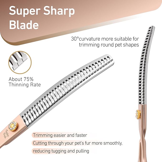 Fenice Peak Professional Curved Chunker Dog Grooming Scissors 8.0'' Rose Gold Thinning Shears Extremely Sharp Blades 440C Stainless Steel Thinning Shears Durable Smooth Fine Cut for Dogs and Cats.-PurrikoPets