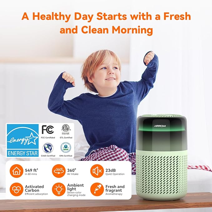 AIRROMI Air Purifier for Bedroom Home,HEPA Filter,Covers Upto 549 Ft²,Quiet 360°intake Air Cleaner with Fragrance ponge for Better Sleep,Night Light,Filters Smoke,Pet Dander,Allergies,Dust,A2005 Green-PurrikoPets