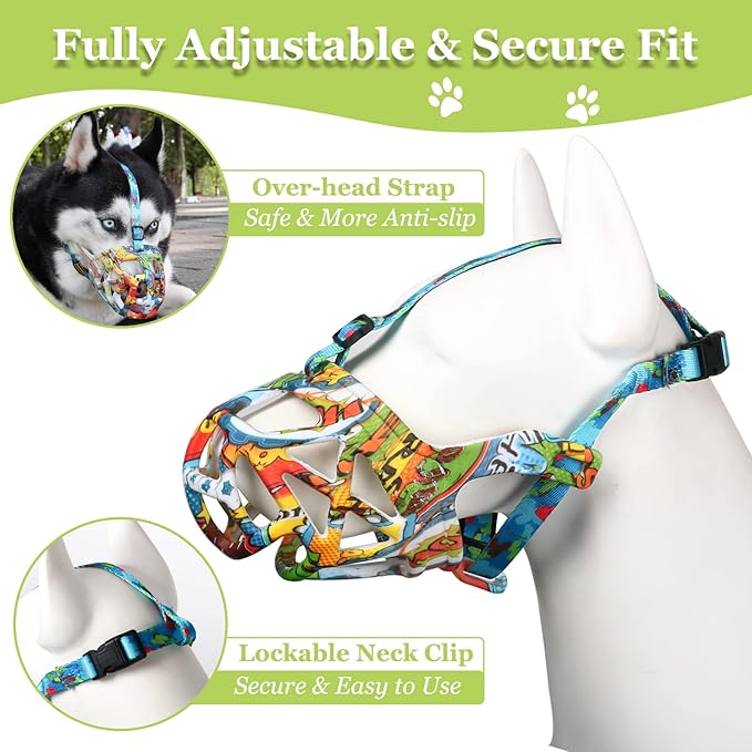 Dog Muzzle, Printed Basket Muzzle for Small Medium Large Dogs Dachshund, Beagle, German Shepherd, Breathable Pet Muzzles to Prevent Biting Chewing Scavenging, Allows Panting and Drinking-PurrikoPets