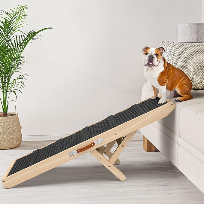 Dog Ramp for Couch, Bed, Wooden Long Pet Stairs for Small & Large Old Dogs & Cats, Hold up to 100lb, Adjustable Height from 11.41" to 20.47", Portable Doggie Steps (39.37" Long)-PurrikoPets