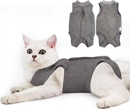 DOTON Cat Recovery Suit for Male and Female Surgical Post Surgery Soft Cone Onesie Shirt Clothes Neuter Licking Protective Diapers Outfit Cover Kitten Spay Collar(S, Grey)-PurrikoPets