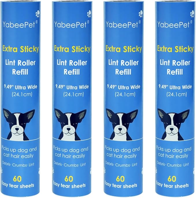 9.49'' Extra Sticky Large Lint Roller Refills, 4-Pack Giant Roller Refills for Carpets, Couch, Floor, Clothing, and Pet Hair Cleaning, 60 Sheets per Roll (240 Sheets Total)-PurrikoPets