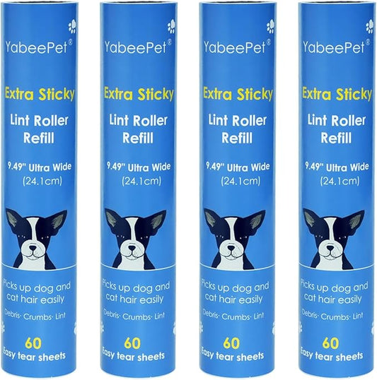 9.49'' Extra Sticky Large Lint Roller Refills, 4-Pack Giant Roller Refills for Carpets, Couch, Floor, Clothing, and Pet Hair Cleaning, 60 Sheets per Roll (240 Sheets Total)-PurrikoPets