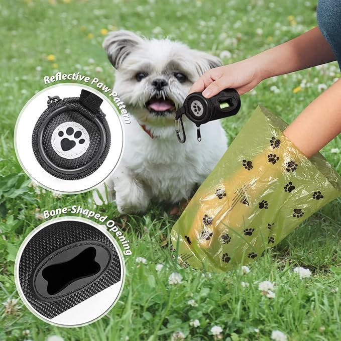 Dog Poop Bag Holder for Leash Doggie Waste Bag Dispenser Soft Fabric Puppy Potty Carrier Small Doggy Zipper Pouch with Carabiner Clip with 1 Roll of Pet Trash Bags, Black-PurrikoPets