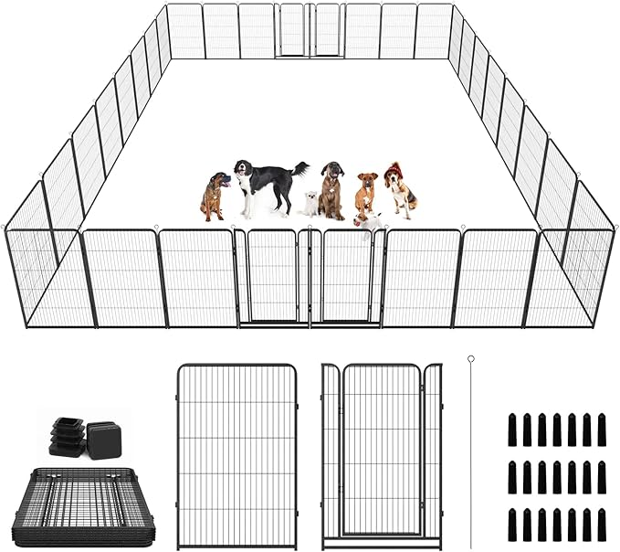 Dog Playpen Outdoor Extra Wide 32 Panels Heavy Duty Dog Fence 47" Height Anti-Rust with Doors Portable for RV Camping Yard, Total 84FT, 561 Sq.ft, Snowy Black-PurrikoPets