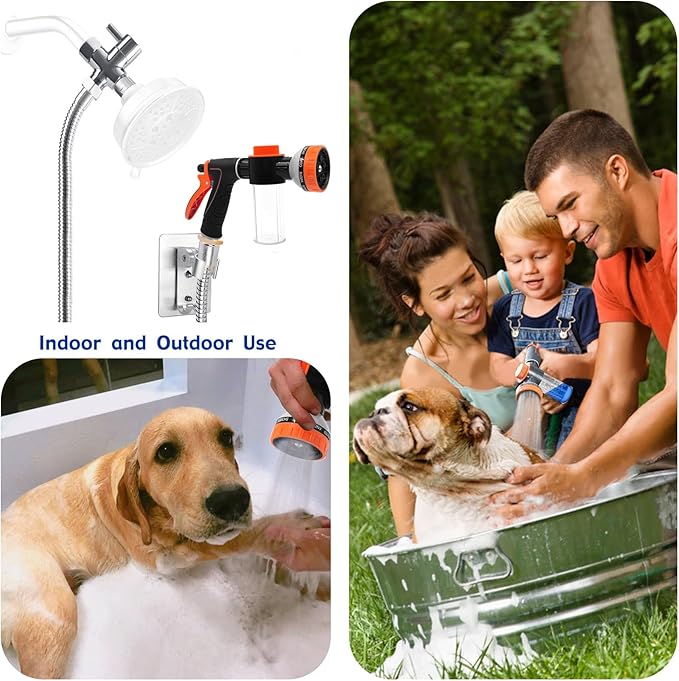Dog Shower Attachment Water Hose Nozzle Sprayer Set with Metal 3-Way Shower Diverter & 6.6 Ft Long Hose for Bathroom Shower Arm Easy Indoor Outdoor Pet Pup Dog Washing Hose attachment-PurrikoPets