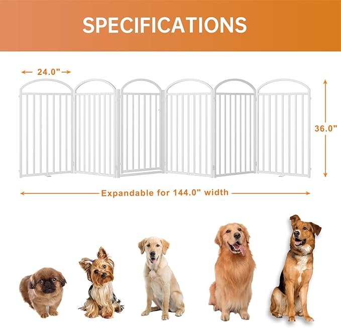 6 Panles Full Matel Freestanding Dog Gates with Door, 144"Extra Wide 36"Tall Free Standing Dog Pet Gate for Indoor & Outdoor. Foldable Pet Fences for Doorways, House, Stairs, Porch, Deck, Yard-PurrikoPets