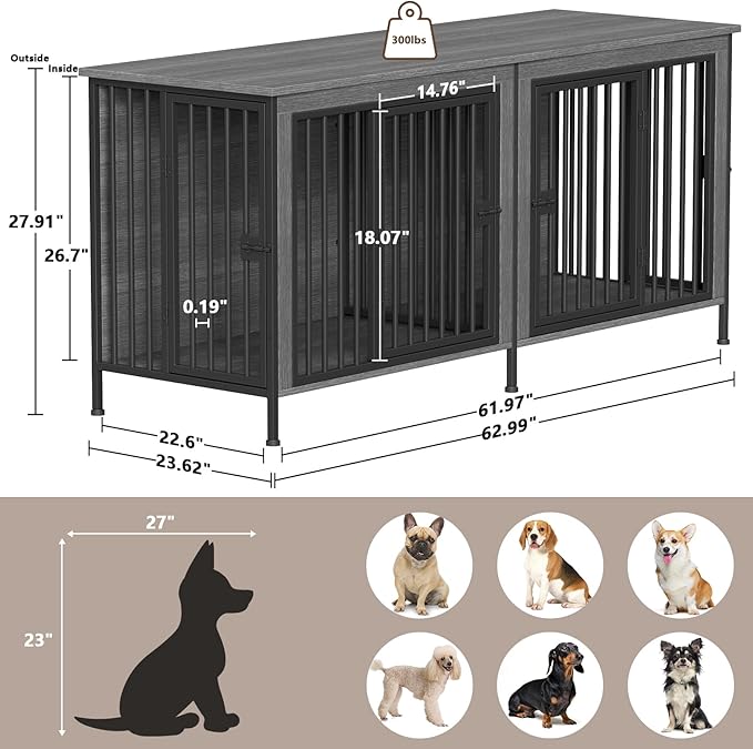 EasyCom 63" Dog Cage Furniture for 2 Pets with Divider, XL Wooden Double Dog Crate Furniture TV Stand for Mideum Breed, Durable and Sturdy-PurrikoPets