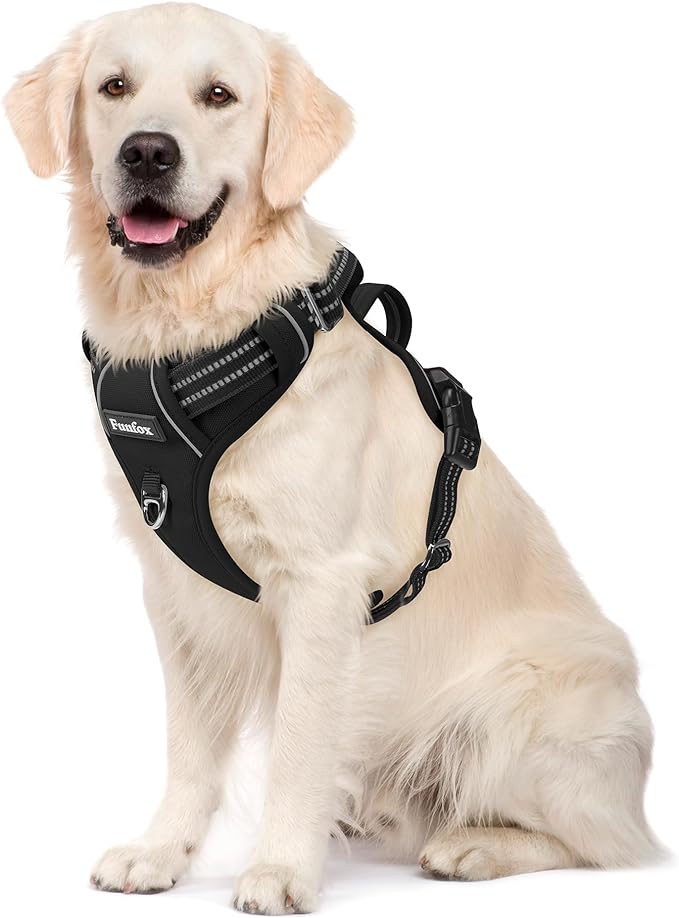 Funfox Dog Harness No Pull, Adjustable Dog Vest Harness Super Soft, 2 Leash Clips Anti Pull, Vertical Handle Easy to Control, Reflective Night Walking for Large Breed, Black, L-PurrikoPets
