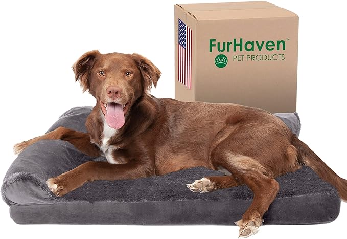 Furhaven Cooling Gel Dog Bed for Large/Medium Dogs w/ Removable Bolsters & Washable Cover, For Dogs Up to 55 lbs - Plush & Velvet L Shaped Chaise - Platinum Gray, Large-PurrikoPets