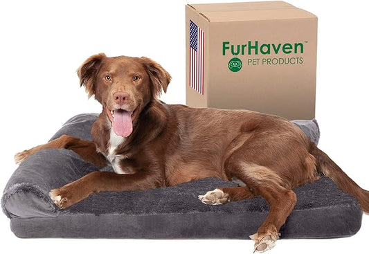 Furhaven Cooling Gel Dog Bed for Large/Medium Dogs w/ Removable Bolsters & Washable Cover, For Dogs Up to 55 lbs - Plush & Velvet L Shaped Chaise - Platinum Gray, Large-PurrikoPets