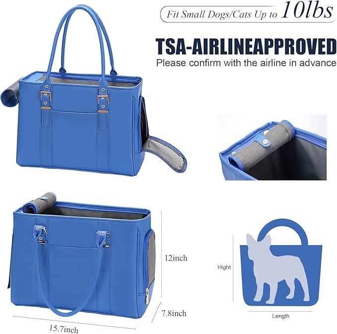 Fashion Pet Carrier Dog Purse Cat Bag Soft-Sided Carriers Travel Airline Approved, Stylish Leather Tote Handbag for Small Animal Puppy Kitten (Blue)-PurrikoPets