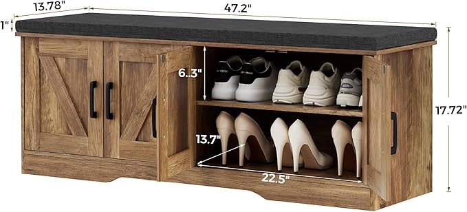 2-Tier Storage Bench, Shoe Bench with Padded Seat Cushion, Entryway Bench with 4 Barn Doors, Adjustable Shelf, 13.8" D x 47.2" W x 17.7" H, for Entryway, Living Room, Bedroom, Rustic Walnut-PurrikoPets