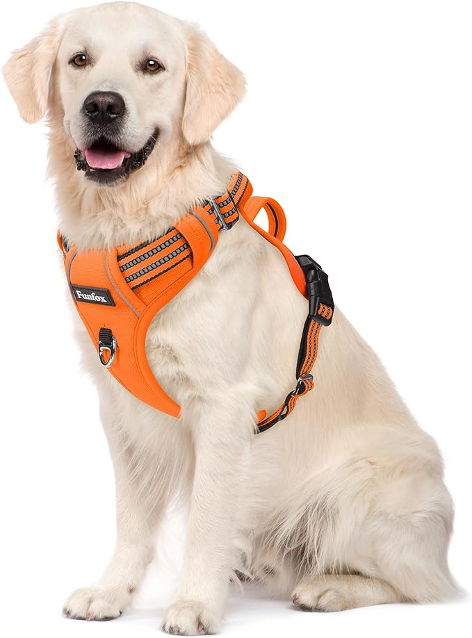 Funfox Dog Harness No Pull, Adjustable Pet Vest Harness, Super Soft Material with Vertical Handle Easy Control, Reflective Night Walking, 2 Leash Clips for Large Dogs, Orange, L-PurrikoPets