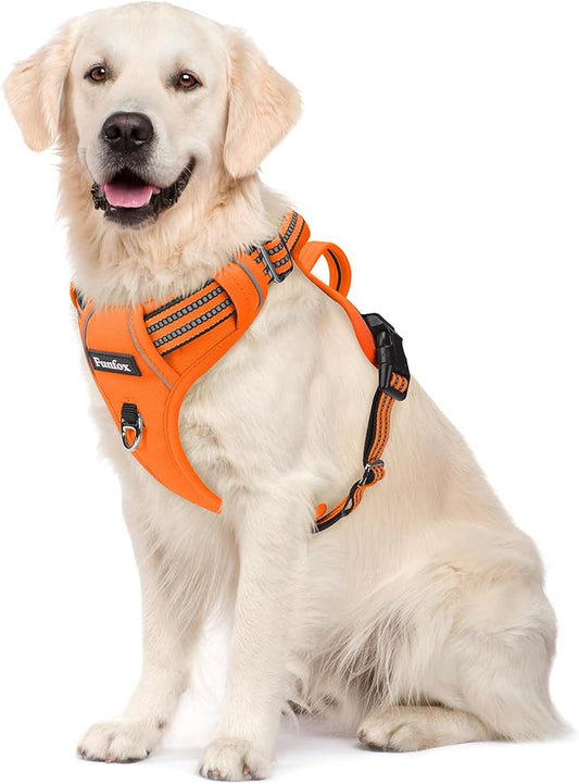 Funfox Dog Harness No Pull, Adjustable Pet Vest Harness, Super Soft Material with Vertical Handle Easy Control, Reflective Night Walking, 2 Leash Clips for Large Dogs, Orange, L-PurrikoPets