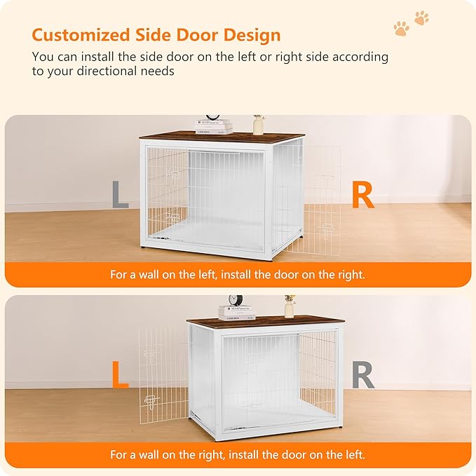 DWANTON Dog Crate Furniture with Cushion, Wooden Kennel Table with Double Doors, Indoor Dog House, Extra Large Size, 43.3" L, White+Rustic Brown-PurrikoPets