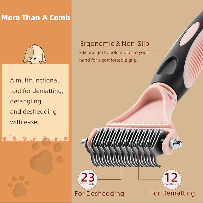 3PCS Cat & Dog Brush Set: Slicker & Deshedding Brush, Dematting Comb, and Bath Brush – Premium Grooming Tools for Shedding & Tangle-Free Fur (pink)-PurrikoPets