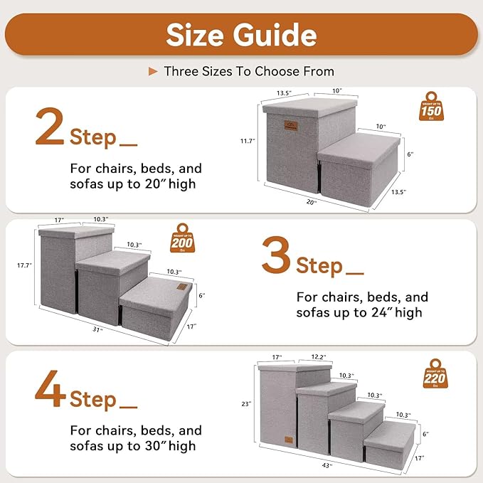 Dog Stairs with Storage 12" H, 2-Step Wider Dog Steps for Dogs Cats, Folding Sturdy Pet Stairs Climbing Sofa Couch, Ramp for Car Hold Up to 150 lbs (Gray, No Condo)-PurrikoPets
