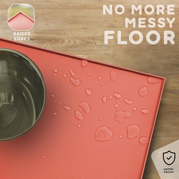 Dog Food Mat - 28x18 Raised Edges Dogs Mat for Food and Water Prevent Spill, Waterproof Cat Food Mats Protect Floors, Easy Clean Dog Bowl Mats for Food and Water, Silicone Pet Feeding Placemats-PurrikoPets