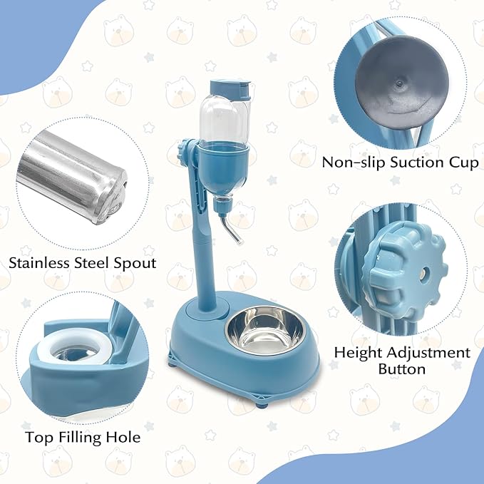 Fhiny Dog Water Feeder Bottle with Stand, Dispenser Automatic Water Food Bowl for Cage No-Drip Leak-Proof Adjustable Raised Pet Slow Water Bottle Dog Kennel Durable Drinker (Blue, 17oz)-PurrikoPets