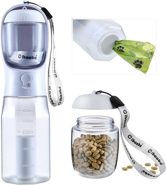 Dog Water Bottle with Food Container & Poop Bag Holder, Travel Water Bowl, Portable Pet Dispenser, Dog Stuff Accessories Items, Puppy Essentials Necessities for Yorkie Chihuahua Walking Hiking-PurrikoPets