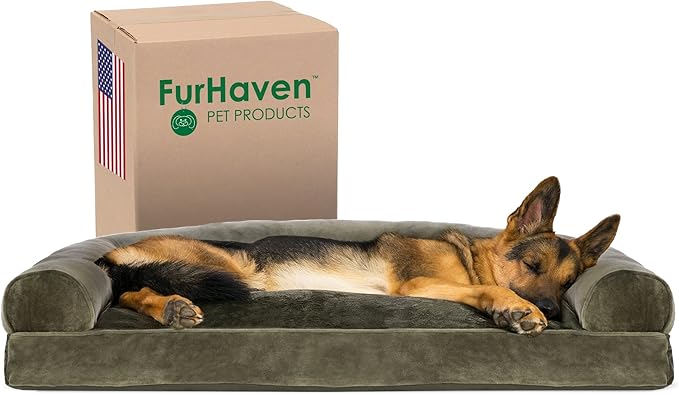 Furhaven Pillow Dog Bed for Large Dogs w/ Removable Bolsters & Washable Cover - Faux Fur & Velvet Sofa - Dark Sage, Jumbo/XL-PurrikoPets