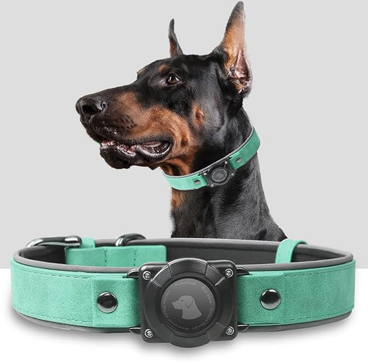 AirTag Dog Collar - Leather Dog Collar with Air Tag Holder | IPX8 Waterproof, Reflective, High - End, Adjustable Soft Padded | Dog GPS Tracker Collars Fit for Medium Large Dogs (Teal, L)-PurrikoPets