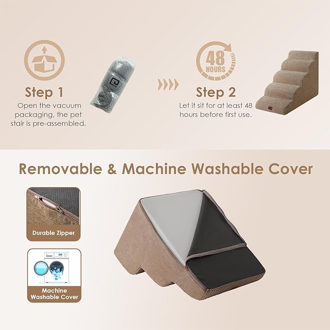 EHEYCIGA Curved Dog Stairs Ramp for High Beds 22.6" H, 5-Step Dog Steps for Small Dogs and Cats, Pet Stairs for High Bed Climbing, Non-Slip Balanced Pet Step Indoor, Camel-PurrikoPets