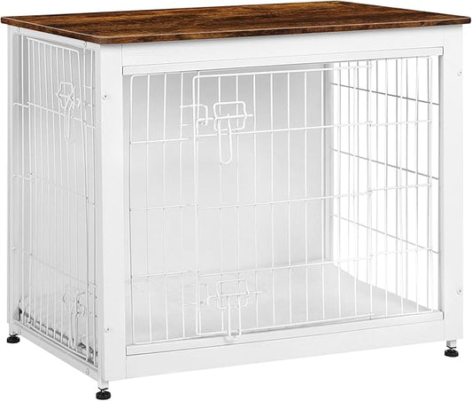 DWANTON Dog Crate Furniture with Cushion, Wooden Kennel Table with Double Doors, Indoor Dog House, Medium Size, 32.5" L, White+Rustic Brown-PurrikoPets