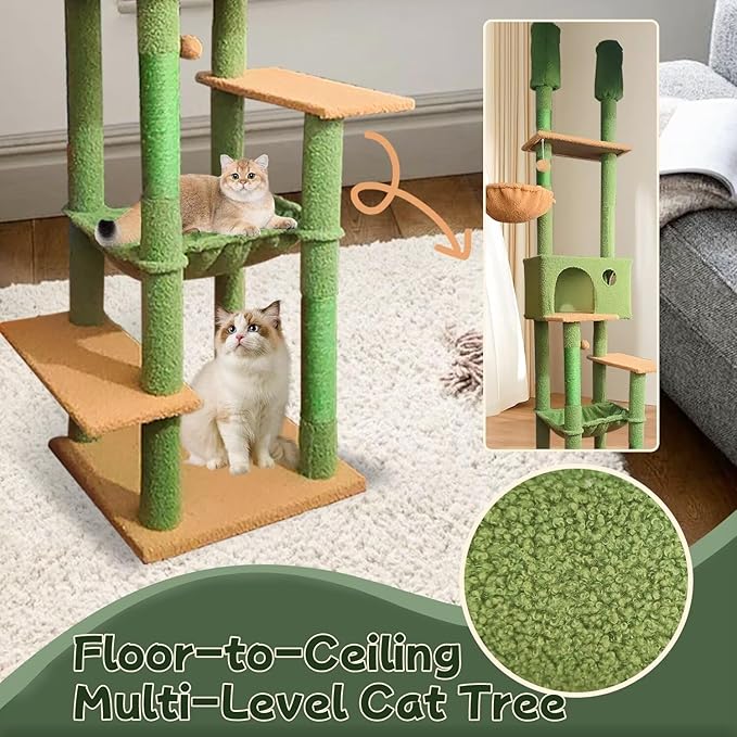 96.5"-108" Cat Tree Floor to Ceiling 7-Tier Cat Tower Adjustable Height with Scratching Posts, Cozy Hammock, Cat Condo for Indoor Cats(Green)-PurrikoPets
