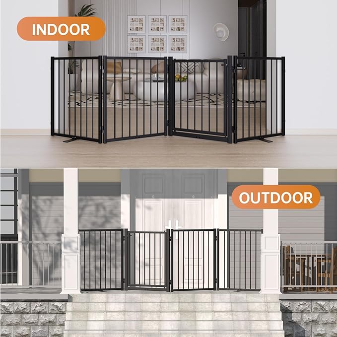 Full Metal Freestanding Dog Gate with Door, 24'' Height Foldable Pet Dog Fence for Indoor & Outdoor, 6 Panels Extra Wide Free Standing SmallDog Gates for Doorways,House,Stairs,Porch,Deck,Yard-PurrikoPets