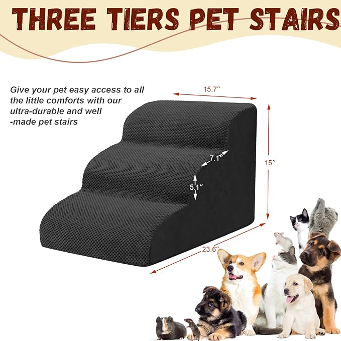 Dog Stairs for Small Dogs - High Density Foam Pet Steps, Extra Wide Dog Ramp with Non-Slip Bottom for High Beds, Couch and Sofa, Best for Dogs Injured, Older Doggy Cats,3 Steps, Black-PurrikoPets