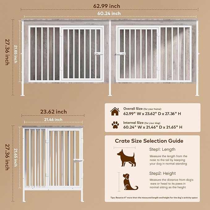 63 Inch Dog Cage Furniture for 2 Large/Medium Dogs with Removable Divider, Extra Large Double Doors Dog Kennel, XXL Thick Wooden Dog cage Furniture, Durable and Sturdy, Beige-PurrikoPets