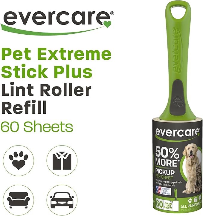 Evercare Giant Extreme Stick Lint Roller Brushes with 60 Easy-Peel Sheets, Pack of 5 Refillable Lint Rollers for Hair and Debris (300 Sheets Total)-PurrikoPets